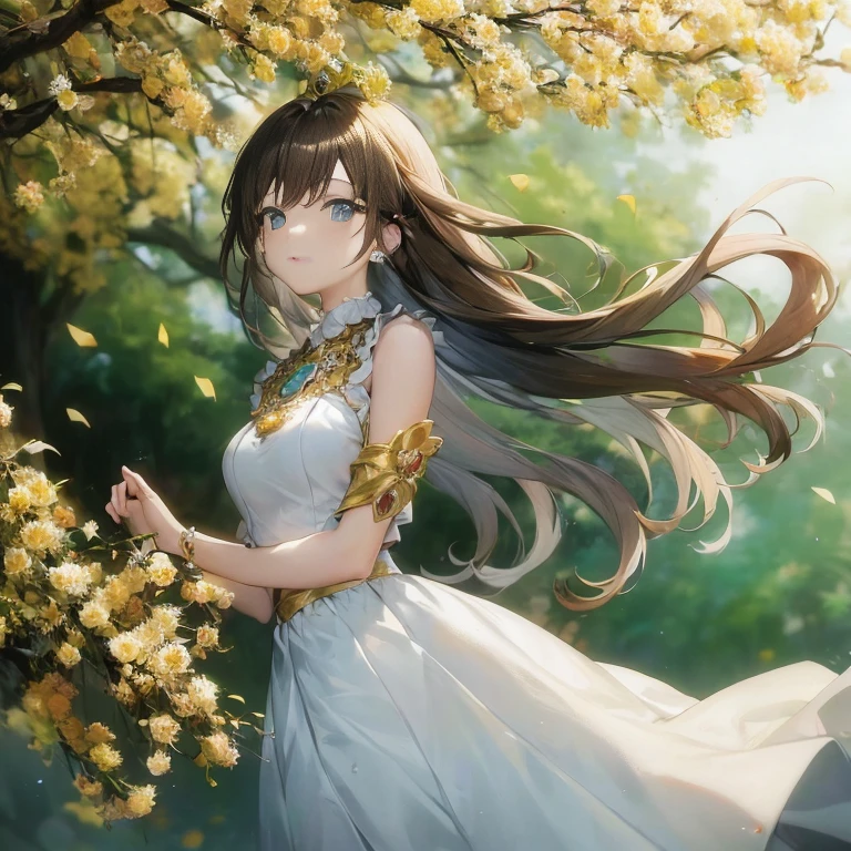 Anime girl in a white dress with long hair and a gold dress, Beautiful anime girl, Beautiful maiden, Cute anime waifu in a nice dress, beautiful anime woman, anime goddess, Beautiful anime, goddess of spring, beautiful anime art, Beautiful Anime Portrait, Anime Girl with Long Hair, beautiful anime artwork, Beautiful sunflower anime girl, beautiful fantasy anime, (Anime Girl)