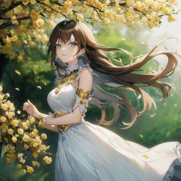 Anime girl in a white dress with long hair and a gold dress, Beautiful anime girl, Beautiful maiden, Cute anime waifu in a nice dress, beautiful anime woman, anime goddess, Beautiful anime, goddess of spring, beautiful anime art, Beautiful Anime Portrait, Anime Girl with Long Hair, beautiful anime artwork, Beautiful sunflower anime girl, beautiful fantasy anime, (Anime Girl)