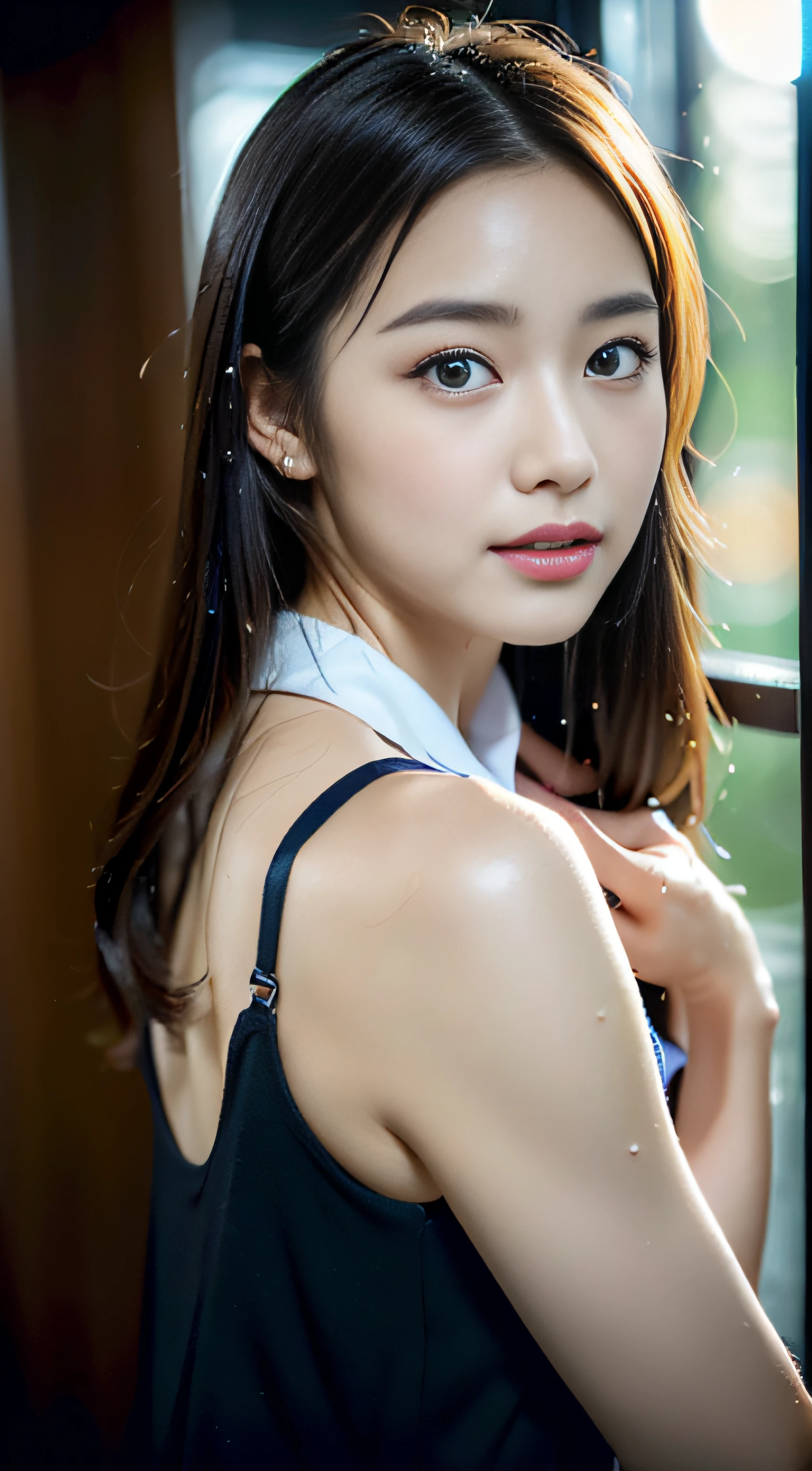 (((32k,high detal,high-detail、masterpiece,Attention to detail,full body Esbian,独奏))),Raw photo & realistic atmosphere,beautiful dark blue eyes,Detailed mouth,Glossy lips,Detailed eyebrows,Eyes drawn in detail with soft white skin that shines with every detail、azure eyes,Very beautiful eyes,Detailed lips、Very beautiful face,Very well-formed face、Lifelike face,shiny beautiful lips, Realistic Young Gravure Idol, Very beautiful woman, , Young Sensual Gravure Idol, Young Gravure Idol, Beautiful and cute mature woman 26 years old,the whole body is wet,dripped out,with a flushed face,Incredibly beautiful, Sexy and classy16-year-old girl,semi-long brown shiny hair,Hair is wet,Dripping water,dripping,(Looking at the camera:1.4),(darkness,Very dark,Use a flashlight、Illuminate the subject in a pitch-black room with no light:1.7),(A sexy,Healthy toned body,HDT Vision Japan HDT Vision Black HDT Vision Black HDTV Uniform,((ty)),,Mature body, I'm anxious and about to cry,Moist eyes,cold smile,glareing,The glaring face is also beautiful,High-resolution arm,,high-definition fingers,:1.5),((Collared buttoned shirt、Super huge、pencil skirts、a necklace、piercings、Sit upright with sexy legs、full body Esbian、houseplant、s Office)),((From the knee up、Backward posture:2.0、The back is visible))