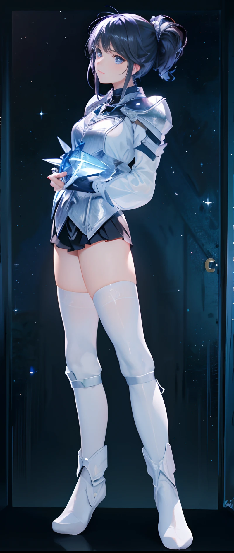 Beautiful paladin girl,Holding a shield,Extremely beautiful,High Balance, Natural light, Lace,black in color,starrysky,Star decoration (Masterpiece, Highest quality),unreal-engine,Standing painting, angle of view,Tulle skirt,ssee-through,Over-the-knee black stockings