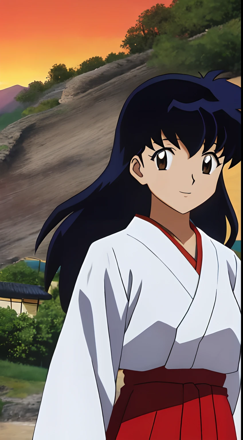 masterpiece, best quality, anime screeshot, a close photo of Kagome, 1 girl, solo, standing, brown eyes, long hair, red hakama and white kimono, looking_at_viewer, smile, upper_body, ((Village background:1.0))