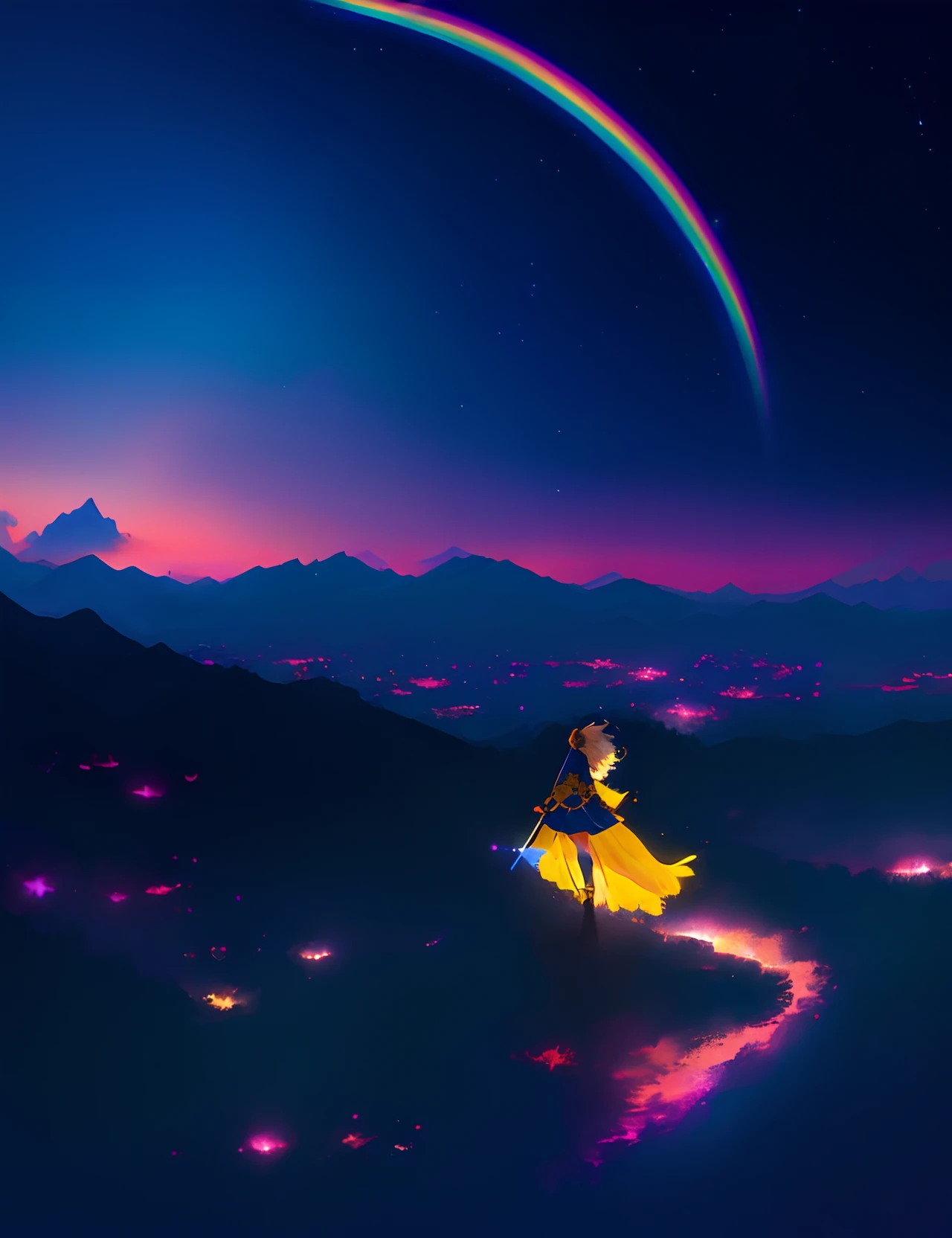 ((Supergiant pale yellow moon))((A girl who looks up at her profile and is subjectively depicted))、((Crying girl))、Profile Girls、On a multicolored background、River painting with stars and moon in rainbow sky、Shining skyscrapers、Shine across the board、Concept art inspired by Mitsuoki Tosa、pixiv contest winners、top-quality、Fantasyart、beautiful anime scene、Bright moon、Moonlit star environment、Dream painting、Anime Background Art、Fantasy landscape art、fantasy knight、anime backgrounds、background artwork、Fantastic art、atmospheric anime、starrysky、Detail has been enhanced。