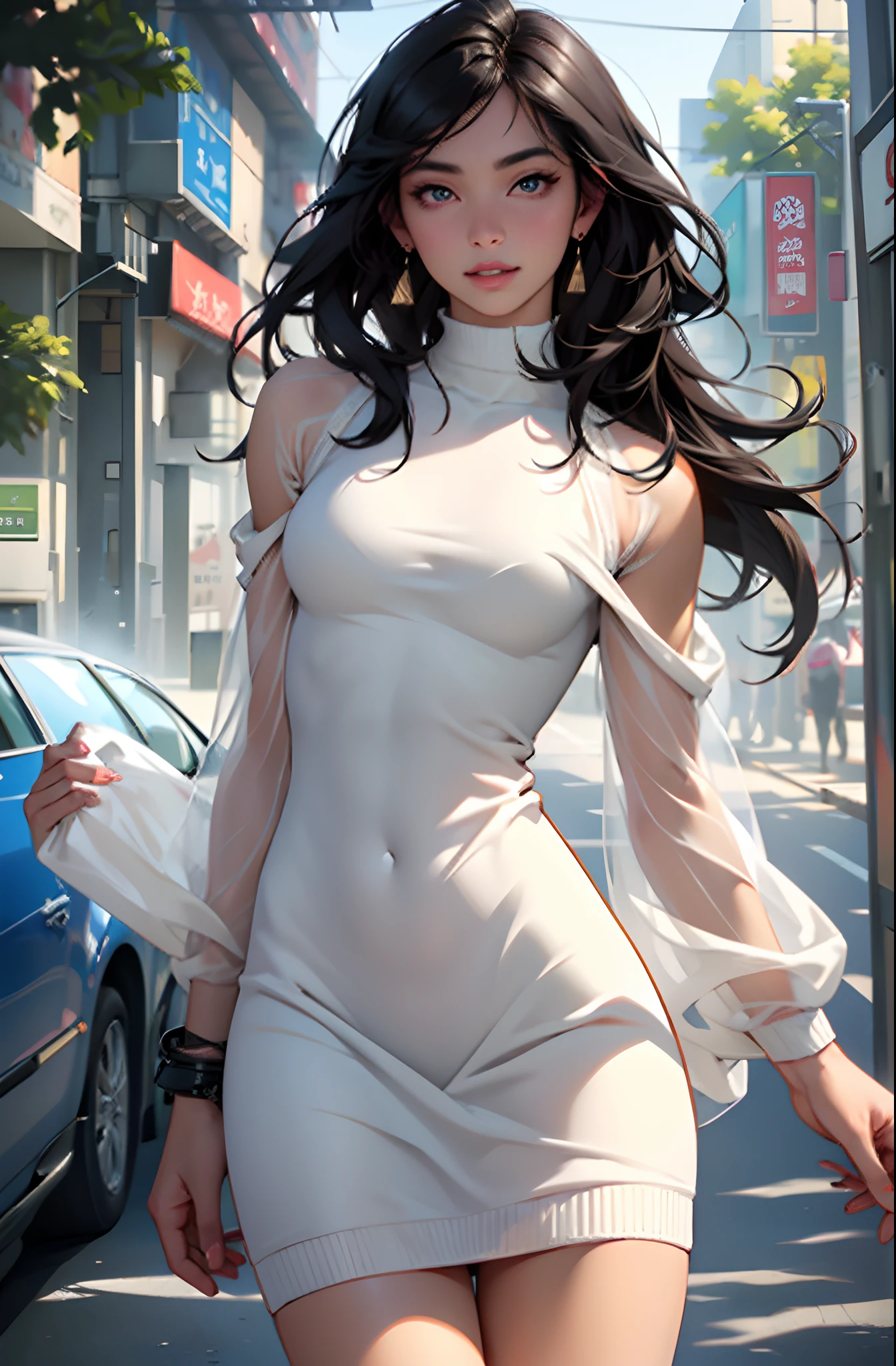 8K, RAW photo, Photorealistic: 1.25), (Gloss on lips, eyeslashes, Glossy face, Glossy glossy skin, Best quality, 超高分辨率, Depth of field, color difference, Caustics, Moisturized lips, Ultra-trimmed face, Radiant fine eyes, Black hair, Semi-long, Fashionab, Skinny knit dress, sheer