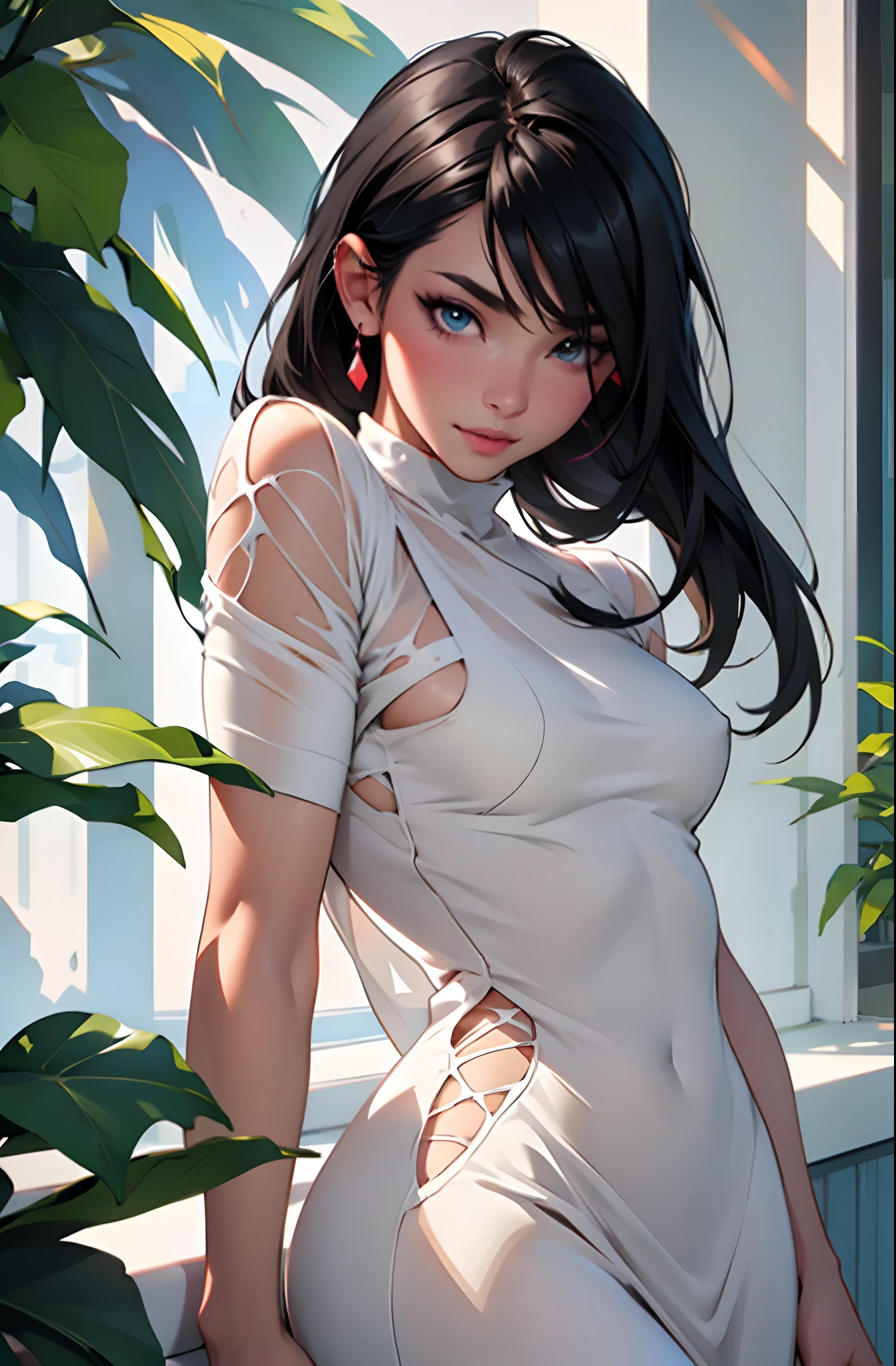 8K, RAW photo, Photorealistic: 1.25), (Gloss on lips, eyeslashes, Glossy face, Glossy glossy skin, Best quality, 超高分辨率, Depth of field, color difference, Caustics, Moisturized lips, Ultra-trimmed face, Radiant fine eyes, Black hair, Semi-long, Fashionab, Skinny knit dress, sheer