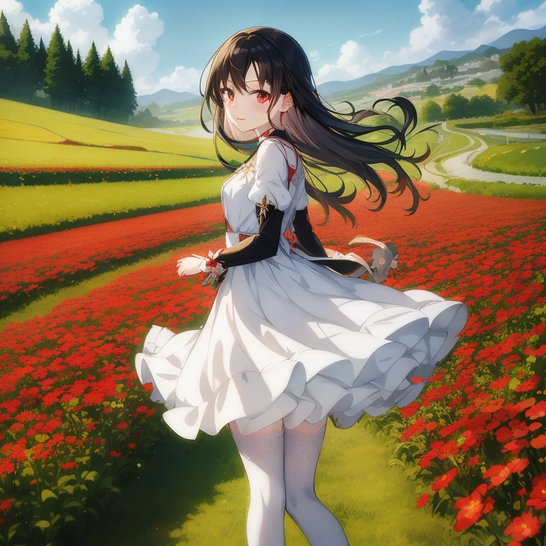 Anime girl in a white dress walking in a flower field, stands in a flowering field, Anime visuals of cute girls, in dress, Smooth Anime CG Art, cushart krenz key art feminine, stands in a flowering field, Rin Tohsaka, anime visual of a young woman, official anime artwork, guweiz