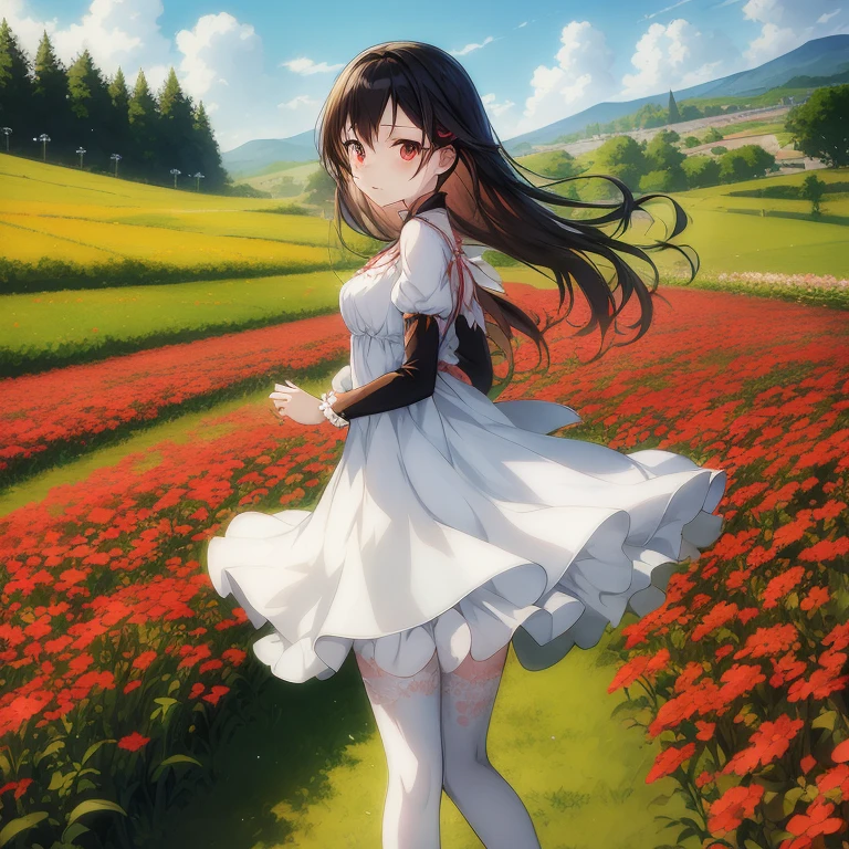 Anime girl in a white dress walking in a flower field, stands in a flowering field, Anime visuals of cute girls, loli in dress, Smooth Anime CG Art, cushart krenz key art feminine, stands in a flowering field, Rin Tohsaka, anime visual of a young woman, official anime artwork, guweiz