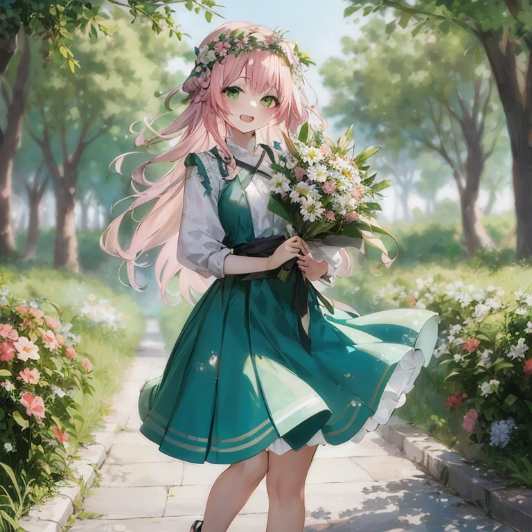 Anime girl with pink hair and green dress holding flowers, guweiz on pixiv artstation, guweiz, Smooth Anime CG Art, Cute anime waifu in a nice dress, guweiz on artstation pixiv, artwork in the style of guweiz, **** in dress, young anime girl, Beautiful Anime Portrait, anime moe art style