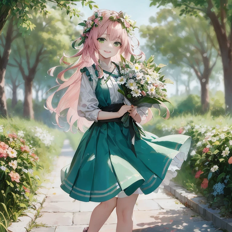 Anime girl with pink hair and green dress holding flowers, guweiz on pixiv artstation, guweiz, Smooth Anime CG Art, Cute anime waifu in a nice dress, guweiz on artstation pixiv, artwork in the style of guweiz, **** in dress, young anime girl, Beautiful Anime Portrait, anime moe art style