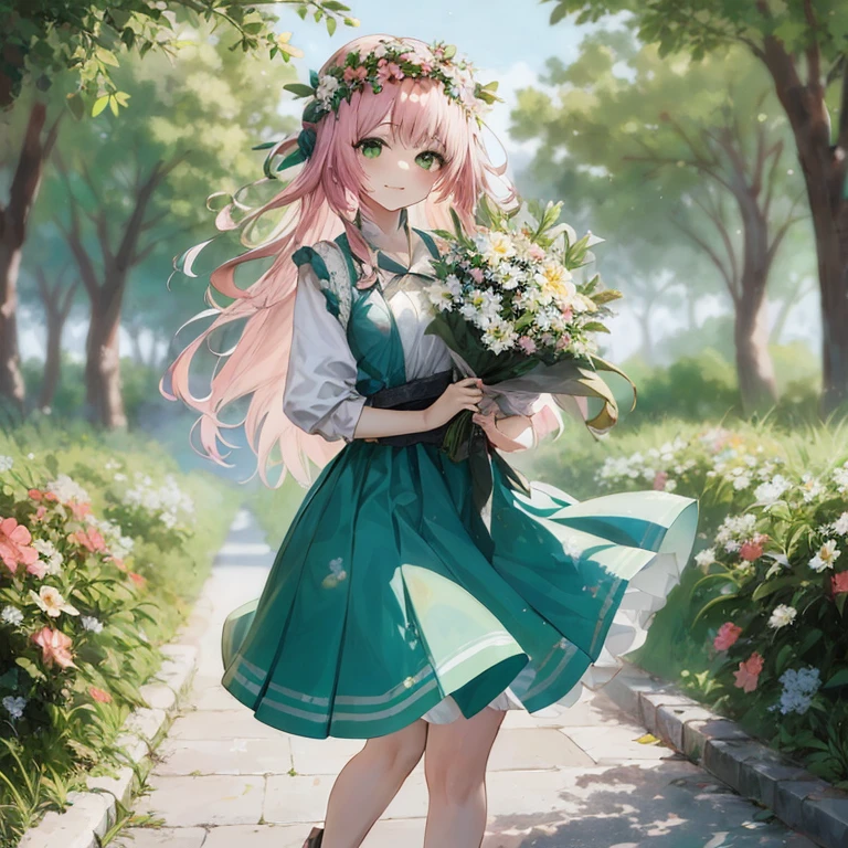 Anime girl with pink hair and green dress holding flowers, guweiz on pixiv artstation, guweiz, Smooth Anime CG Art, Cute anime waifu in a nice dress, guweiz on artstation pixiv, artwork in the style of guweiz, **** in dress, young anime girl, Beautiful Anime Portrait, anime moe art style