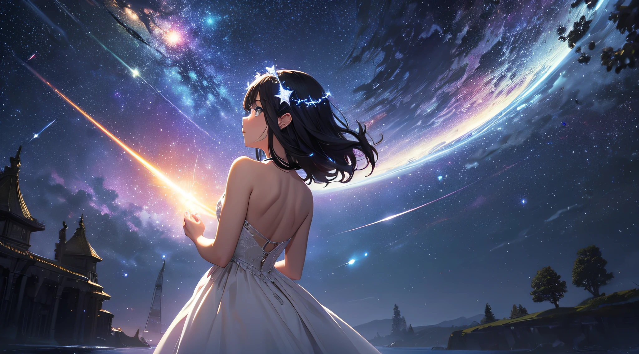 ​masterpiece、Background with((Fantastic starry sky、meteors、black hole))、Depth((Luminous Planets))、Looking up
、a beauty girl、White dress、Rear view
