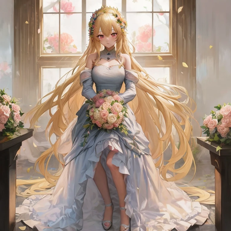 Anime girl with long blonde hair holding bouquet of flowers, guweiz on pixiv artstation, in dress, guweiz on artstation pixiv, guweiz, blonde - haired princess, Cute anime waifu in a nice dress, artwork in the style of guweiz, Anime visuals of cute girls, queen of flowers, flower queen