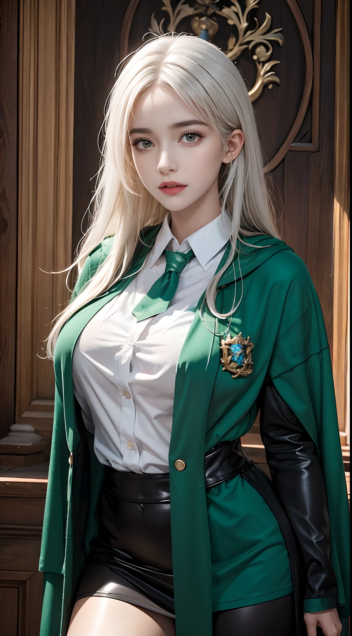 Photorealistic, high resolution, 1womanl, Solo, Hips up, view the viewer, (Detailed face), Hogwarts uniform, hogsks, Slytherin