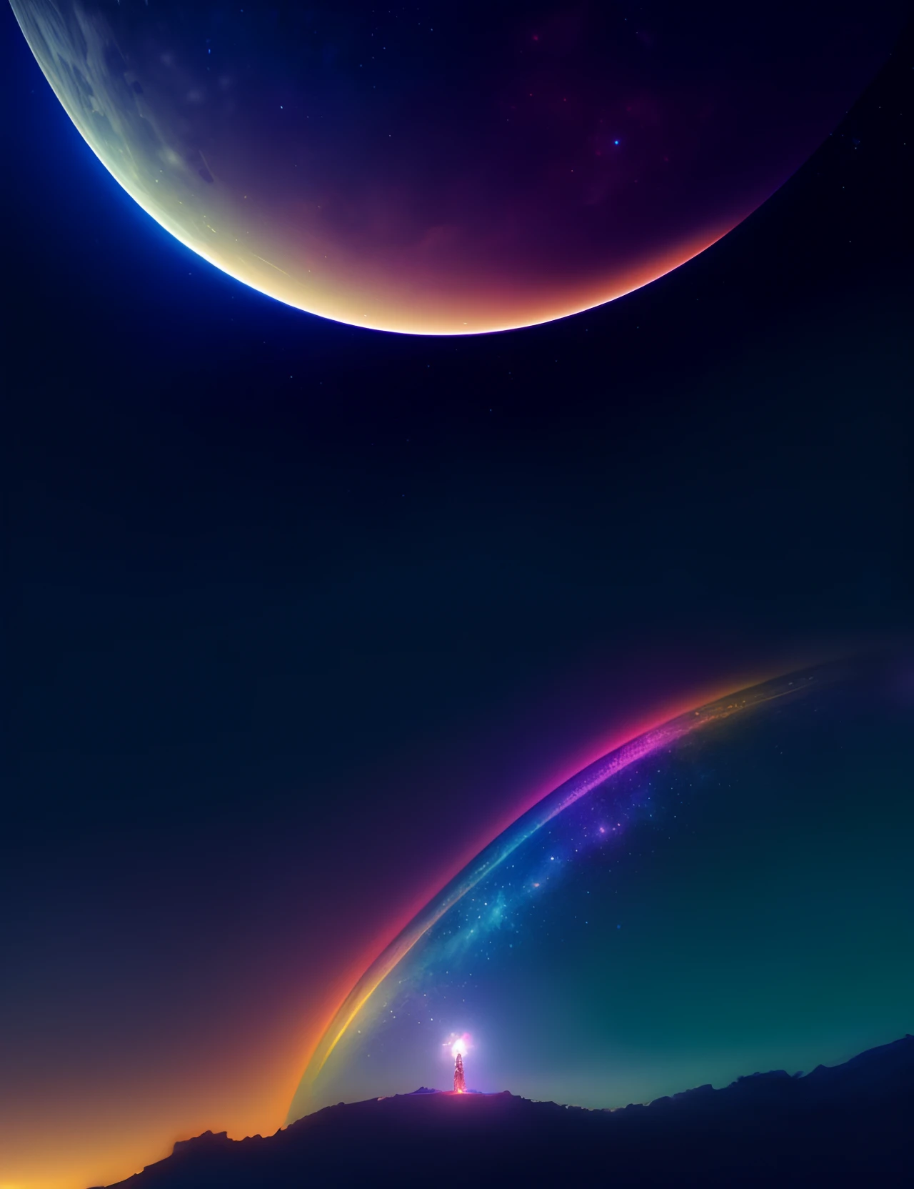 ((Supergiant pale yellow moon))((A girl who looks up at her profile and is subjectively depicted))、((Crying girl))、Profile Girls、On a multicolored background、River painting with stars and moon in rainbow sky、Shining skyscrapers、Shine across the board、Concept art inspired by Mitsuoki Tosa、pixiv contest winners、top-quality、Fantasyart、beautiful anime scene、Bright moon、Moonlit star environment、Dream painting、Anime Background Art、Fantasy landscape art、fantasy knight、anime backgrounds、background artwork、Fantastic art、atmospheric anime、starrysky、Detail has been enhanced。