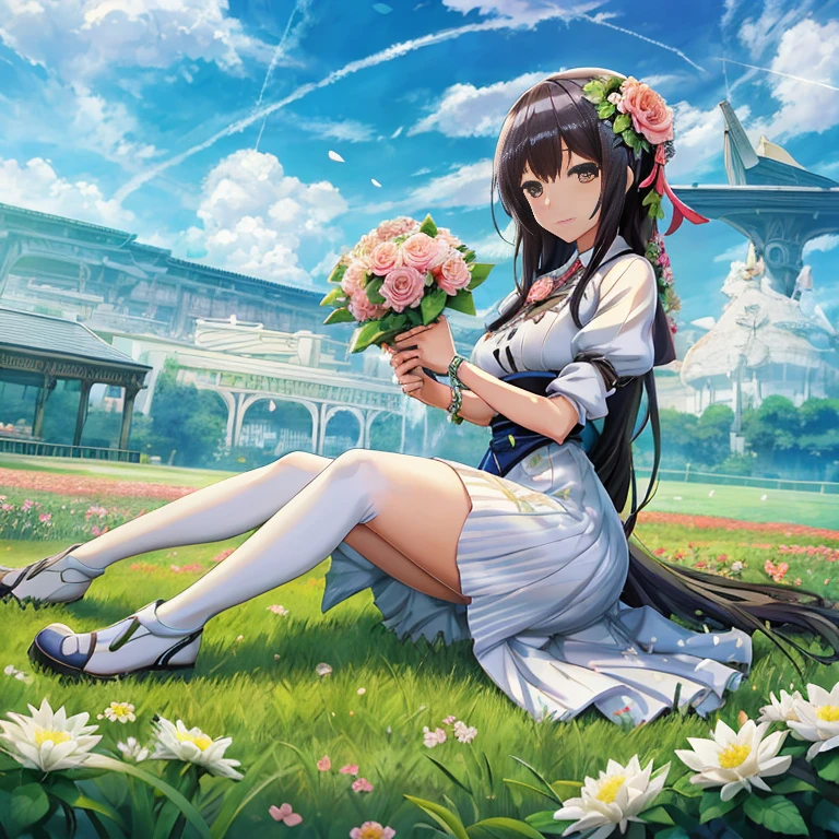 Anime girl sitting in a field with flowers and bouquets, guweiz on pixiv artstation, official artwork, anime moe art style, guweiz, Official art, hestia, Rin, guweiz on artstation pixiv, Smooth Anime CG Art, Anime visuals of cute girls, high detailed official artwork