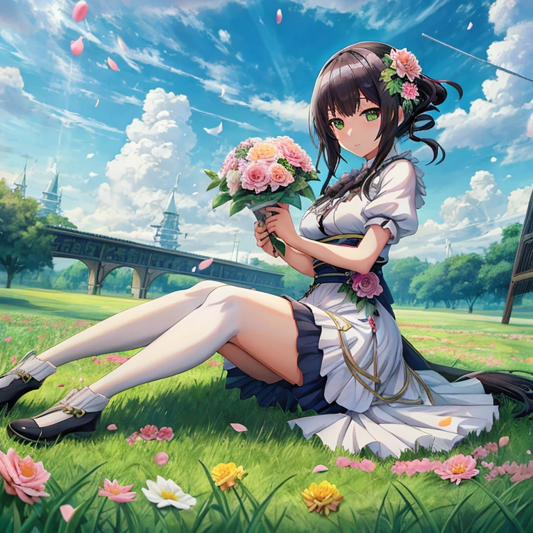 Anime girl sitting in a field with flowers and bouquets, guweiz on pixiv artstation, official artwork, anime moe art style, guweiz, Official art, hestia, Rin, guweiz on artstation pixiv, Smooth Anime CG Art, Anime visuals of cute girls, high detailed official artwork