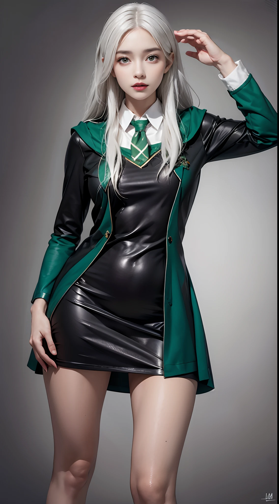 Photorealistic, high resolution, 1womanl, Solo, Hips up, view the viewer, (Detailed face), Hogwarts uniform, hogsks, Slytherin,black stockings, white panty, turn back, show her butt