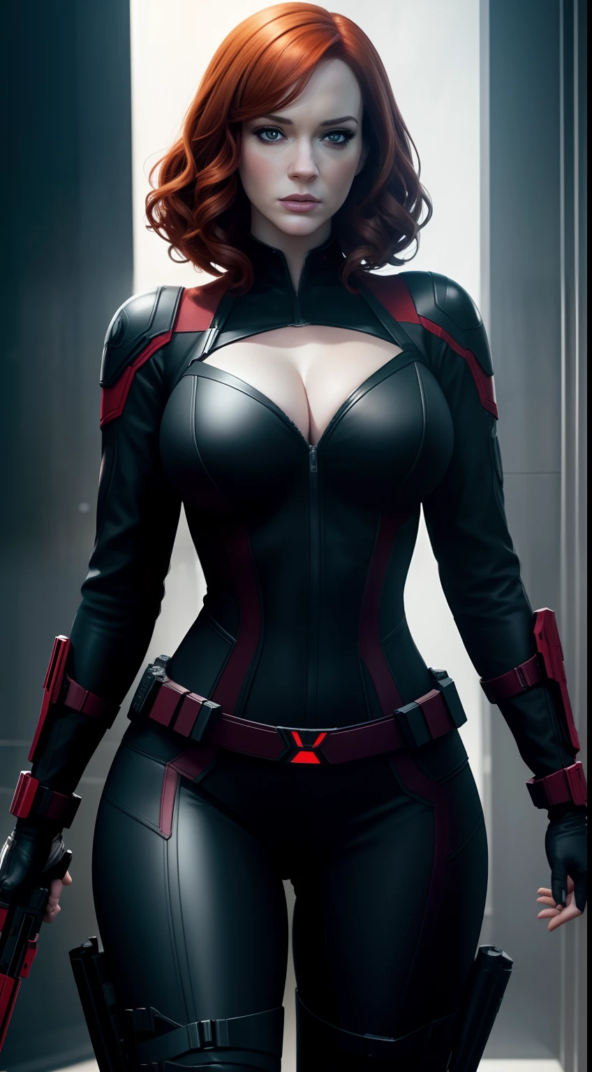 Subject: A photorealistic portrayal of Christina Hendricks as Black Widow from Marvel Comics, standing confidently in her sleek and deadly attire.
Type of Image: Photorealistic digital artwork featuring Christina Hendricks as Black Widow
Art Styles: Photorealism, showcasing intricate details of Black Widow's costume, weapons, and her intricate details of Christina Hendricks's face
Camera: Shot with a medium lens to provide a balanced view of Black Widow's figure and expression.
Shot: Full-body shot, highlighting Black Widow's agile stance and poised demeanor.
Render Related Information: High-resolution render (4K) with meticulous attention to detail in Black Widow's costume texture, weaponry, and facial features.