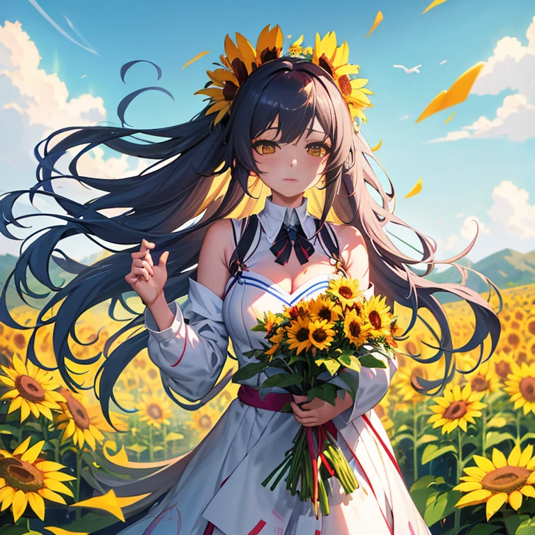 Anime girl with long hair and flowers in a field, guweiz on pixiv artstation, guweiz on artstation pixiv, Beautiful sunflower anime girl, anime moe art style, guweiz, Official art, artwork in the style of guweiz, with flowers, cushart krenz key art feminine, official artwork, hestia