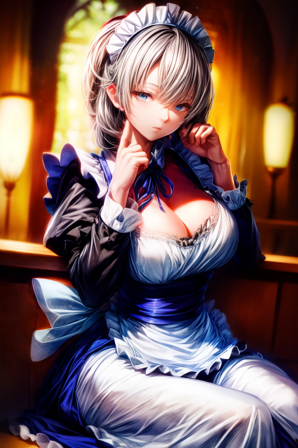 ((16 nights in Saguia)), ((touhou project)), cosplay, 20-year-old woman, (((Gray hair)), ((Moderately spiked hair)), ((blue maid outfit)), ((White blouse)), middlebreast, (Light)))), (Pose))), (Photorealistic photo: 1.3), rim lit, (High detail skin:1.2), 8K Ultra HD, Digital SLR, High quality, high resolution, 4K, 8K, Bokeh, Absurdity, best ratio four fingers and a thumb, (Real:1.3), Cutest 1 girl, lots of knives