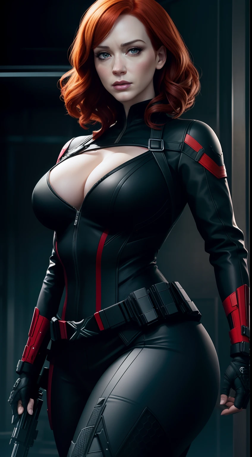 Subject: A photorealistic portrayal of Christina Hendricks as Black Widow from Marvel Comics, standing confidently in her sleek and deadly attire.
Type of Image: Photorealistic digital artwork featuring Christina Hendricks as Black Widow
Art Styles: Photorealism, showcasing intricate details of Black Widow's costume, weapons, and her intricate details of Christina Hendricks's face
Camera: Shot with a medium lens to provide a balanced view of Black Widow's figure and expression.
Shot: Full-body shot, highlighting Black Widow's agile stance and poised demeanor.
Render Related Information: High-resolution render (4K) with meticulous attention to detail in Black Widow's costume texture, weaponry, and facial features.