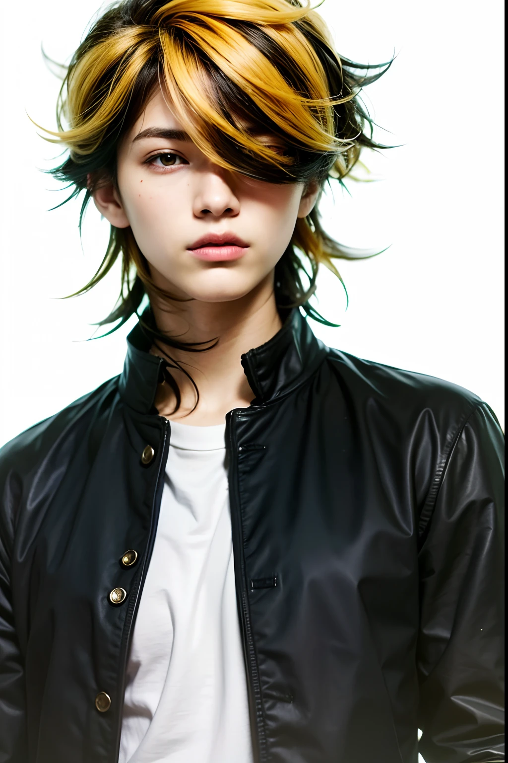 A teenage boy with realistic yellow and black hair, exactly the same hairstyle, realistic handsome face, realistic cool expression,Adapt exact clothing, realistic light, realistic shadows, realistic background