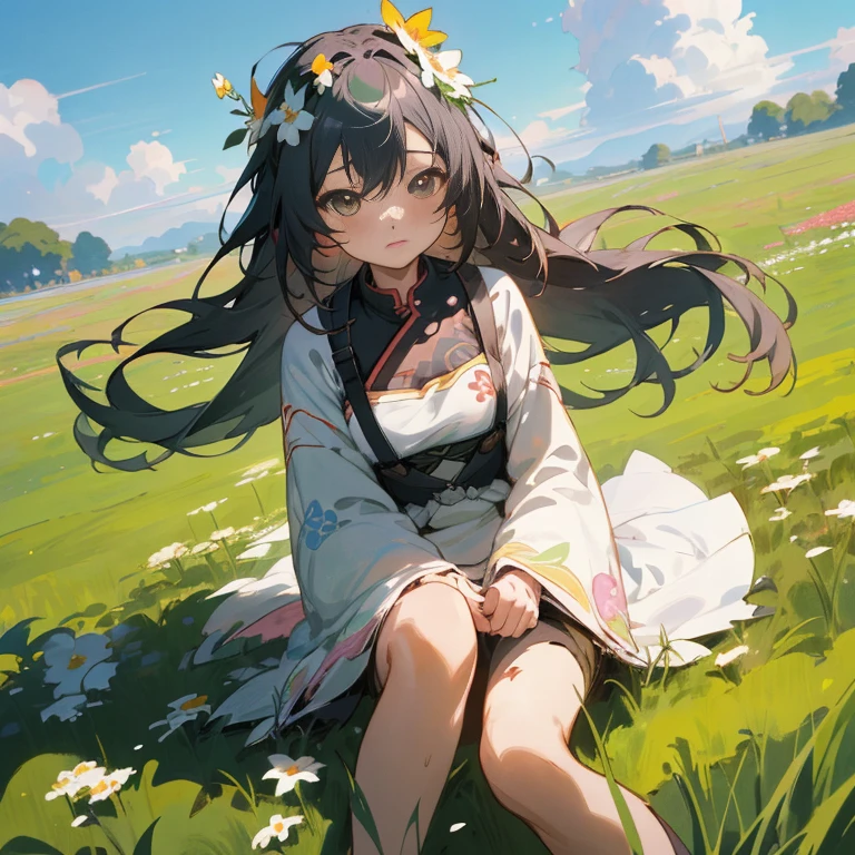 Anime girl sitting in a field with flowers in her hair, Anime visuals of cute girls, guweiz on pixiv artstation, guweiz, anime moe art style, guweiz on artstation pixiv, Beautiful anime girl, anime style 4 k, beautiful anime artwork, beautiful anime art, artwork in the style of guweiz, Beautiful anime