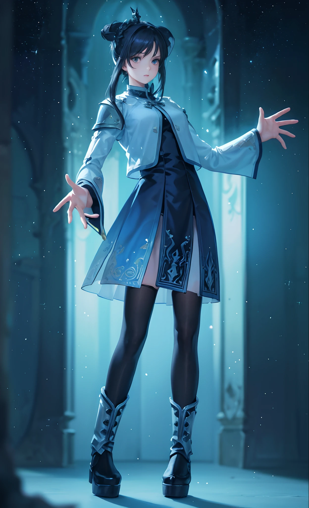 Beautiful paladin girl，Holding a shield，Extremely beautiful，High Balance, Natural light, Lace，black in color，starrysky，Star decoration (Masterpiece, Highest quality)，unreal-engine，Standing painting, angle of view,Tulle skirt，ssee-through，Over-the-knee black stockings