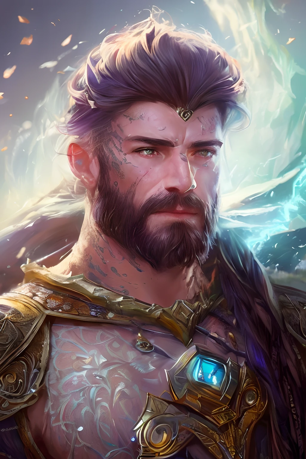 ,Realistic role-playing face portrait painting of a beautiful rpg champion, pastel color, intricate details, fantasy, universe, intricate magical embroidery, very detail hair, very detail eyes, intense face, [elden ring|d &amp; d] concept art, rpg portrait, octane render, cinematic lighting, (soft shadow:1.2), close up, depth of field, splash art, art by wlop and, greg rutkowski