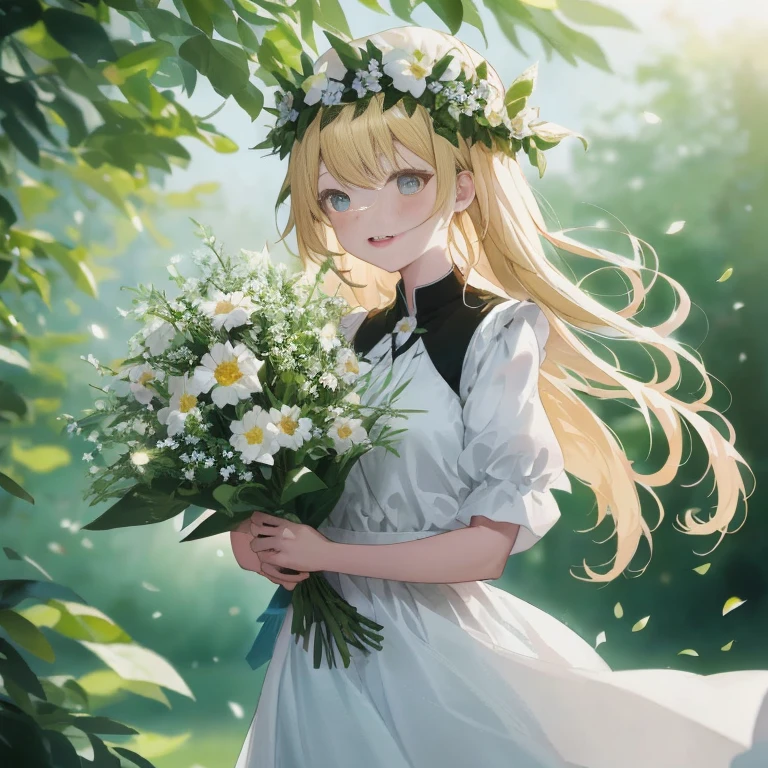 Anime girl with flowers in hair and white dress, guweiz on pixiv artstation, a maid in a magical forest, guweiz on artstation pixiv, in dress, Beautiful Anime Portrait, guweiz, artwork in the style of guweiz, portrait of Lolimarisa kirisame, Beautiful maiden, Rin