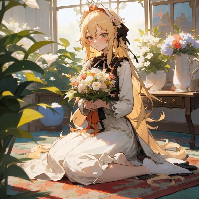 Anime girl with long blonde hair sitting on a rug holding a bouquet of flowers, in dress, Cute anime waifu in a nice dress, with flowers, guweiz on pixiv artstation, Beautiful anime girl, blonde - haired princess, Cute anime girl, blonde anime girl with long hair, guweiz on artstation pixiv, portrait of Loli