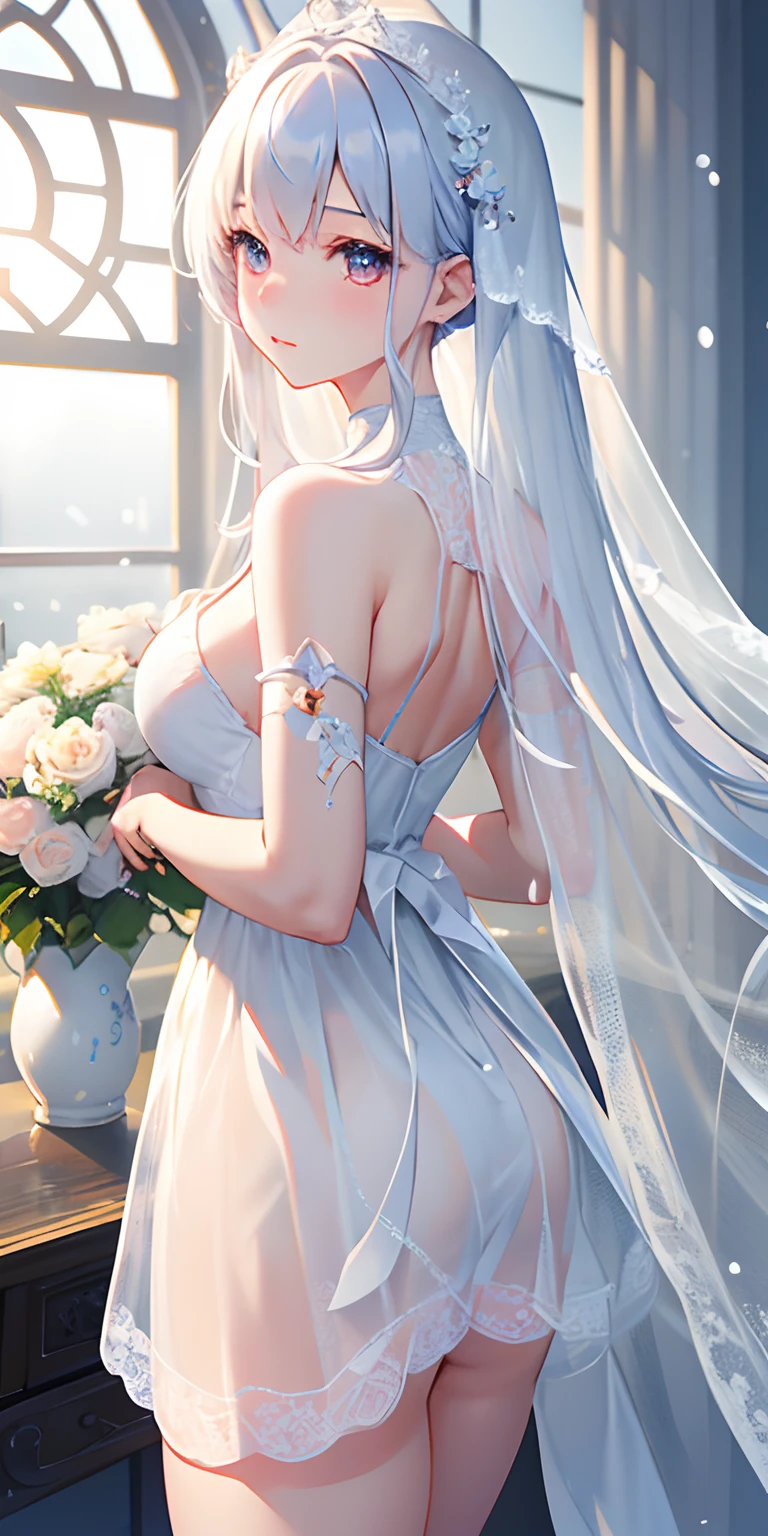 女の子1人、Masterpiece、top-quality、Delicate and beautiful、white  hair、Beautiful and delicate long hair、Long veil、爆乳、Delicate and beautiful white lace dress、Bejeweled dress、Beautiful garnet-colored eyes、Enchanted breasts、Enchanted thighs、Delicate and beautiful flower garden、It's snowing in the shimmering snow、moonlight、nigh sky、Beautiful lace ribbon、Ephemeral atmosphere、Gentle expression、Delicate and fine、4K、high-level image quality