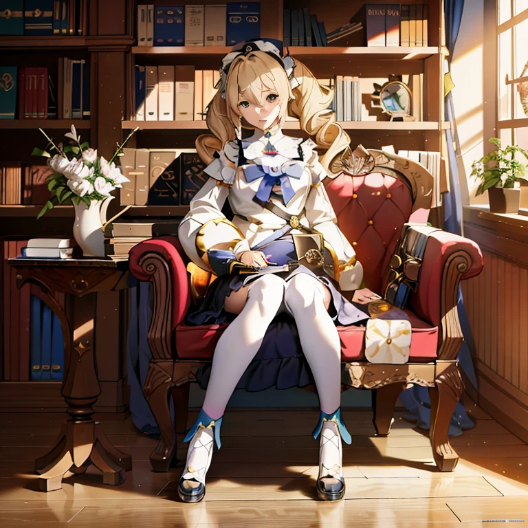 Anime girl sitting on a chair in front of a bookshelf, blonde anime girl with long hair, inspired by Li Chevalier, Anime visuals of cute girls, best anime 4k konachan wallpaper, portrait of ****ta, Anime Best Girl, Violet Evergarden, guweiz on pixiv artstation, marin kitagawa fanart, anime style like fate/Stay Night