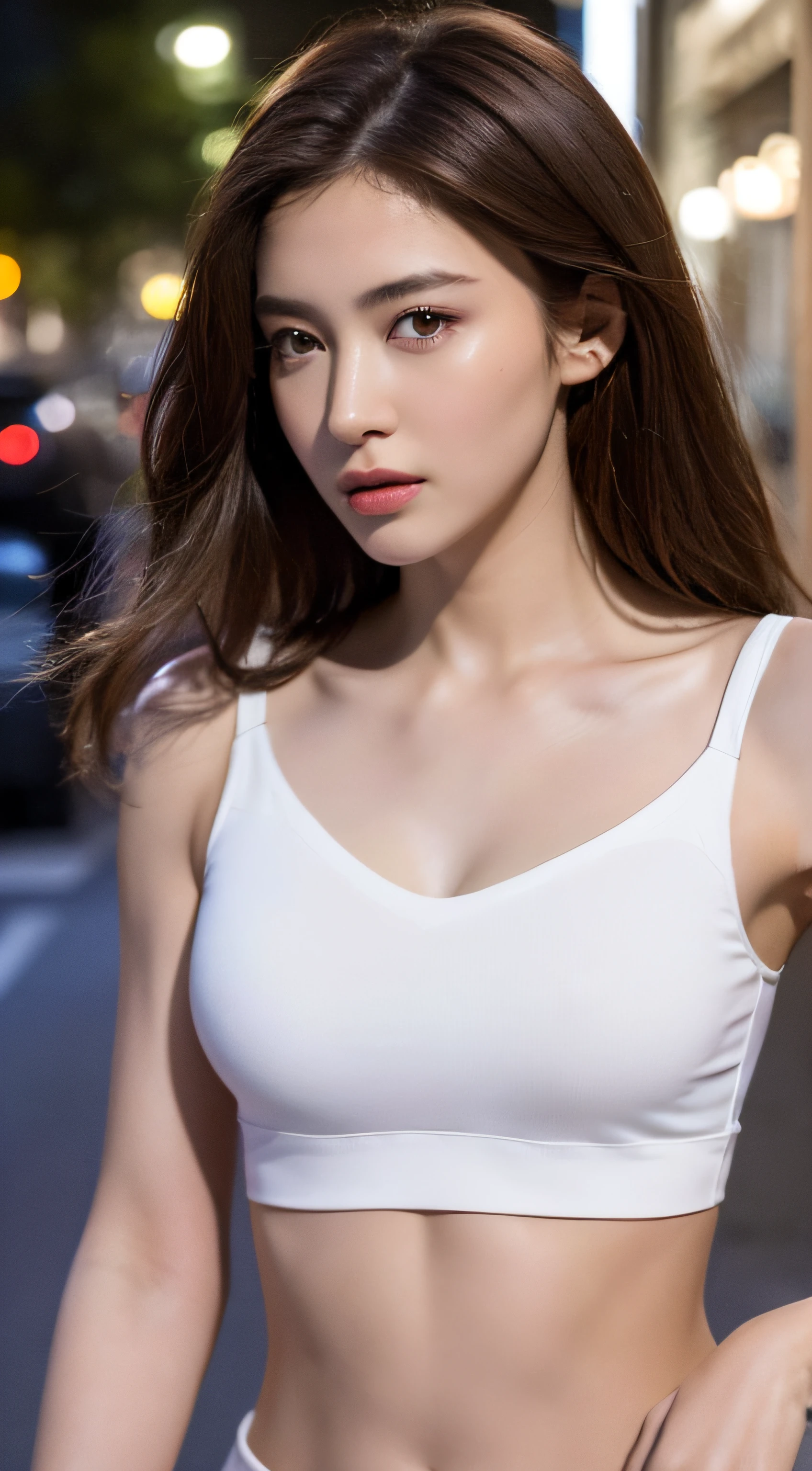 ((Realistic lighting, Best quality, 8K, Masterpiece: 1.3)), Clear focus: 1.2, 1girl, Perfect Figure: 1.4, Slim Abs: 1.1, ((Dark brown hair)), (White crop top: 1.4), (Outdoor, Night: 1.1), City streets, Super fine face, Fine eyes, Double eyelids,
