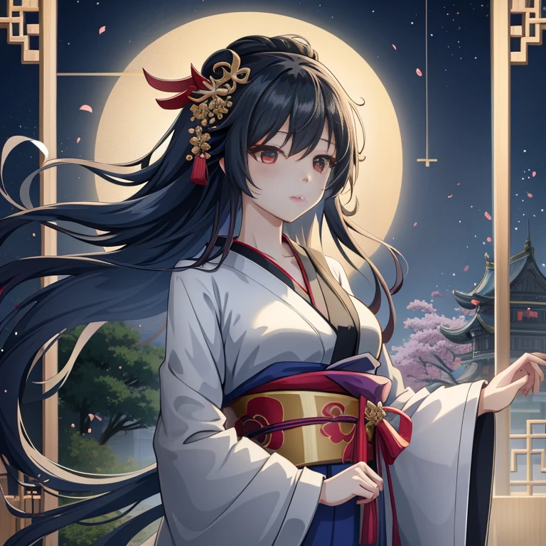 Woman in kimono standing in front of window, palatial palace ， a girl in hanfu, Anime art wallpaper 8k, anime style 4 k, artwork in the style of guweiz, flowing hair and long robes, anime art wallpaper 4k, anime art wallpaper 4k, Trending on ArtStation pixiv, anime wallpaper 4 k, anime wallpaper 4k