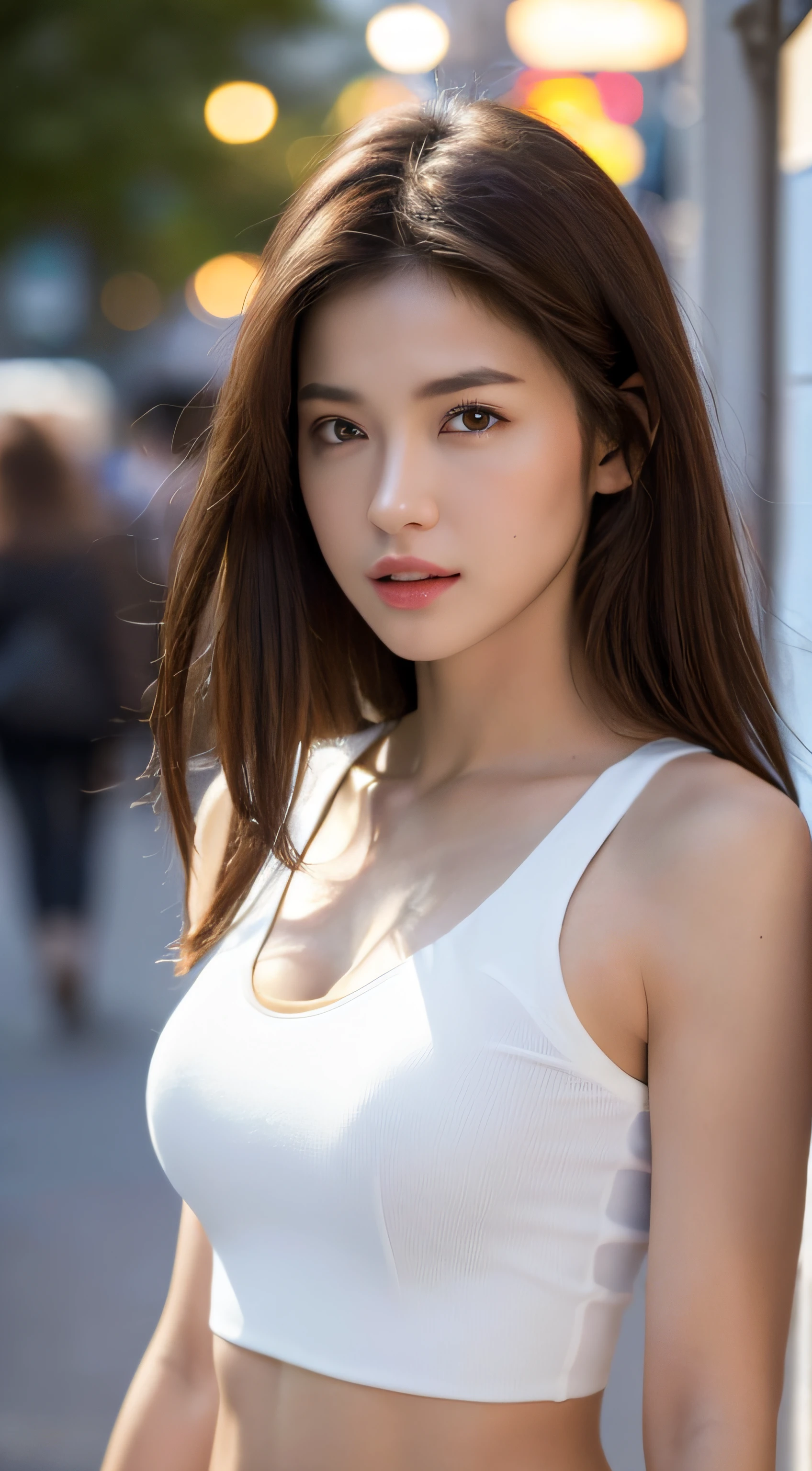((Realistic lighting, Best quality, 8K, Masterpiece: 1.3)), Clear focus: 1.2, 1girl, Perfect Figure: 1.4, Slim Abs: 1.1, ((Dark brown hair)), (White crop top: 1.4), (Outdoor, Night: 1.1), City streets, Super fine face, Fine eyes, Double eyelids,