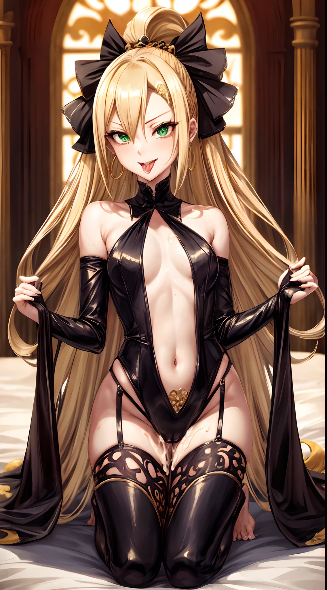 (masutepiece:1.4, Best Quality:1.2), (real picture, Intricate details), 1lady, Solo, NSFW, 
appearance: (Chiquita:1.25), (slender:1.2), Green eyes, slender, Small breasts, flat chest, pupils heart, large pelvic, Sharp eyes, ((cum in mouth)) ,too much cum, ((Yor)), ((cum on tongue)), cum on hands,  (cum on facial), 
vestments: Black bunny suit,
accessoires: golden ring, Simple hoop earrings, shell necklace, 
hair: Long blonde pubic area, hair messy, Hair Bow, Hair Ornament, 
makeup: masacra, natural, Glowing skin, 
location: Indoors, green bed
Behavior: Kneeling, After , Ahegao, Smile, Open mouth, tongue, Cupping hands, own hands together