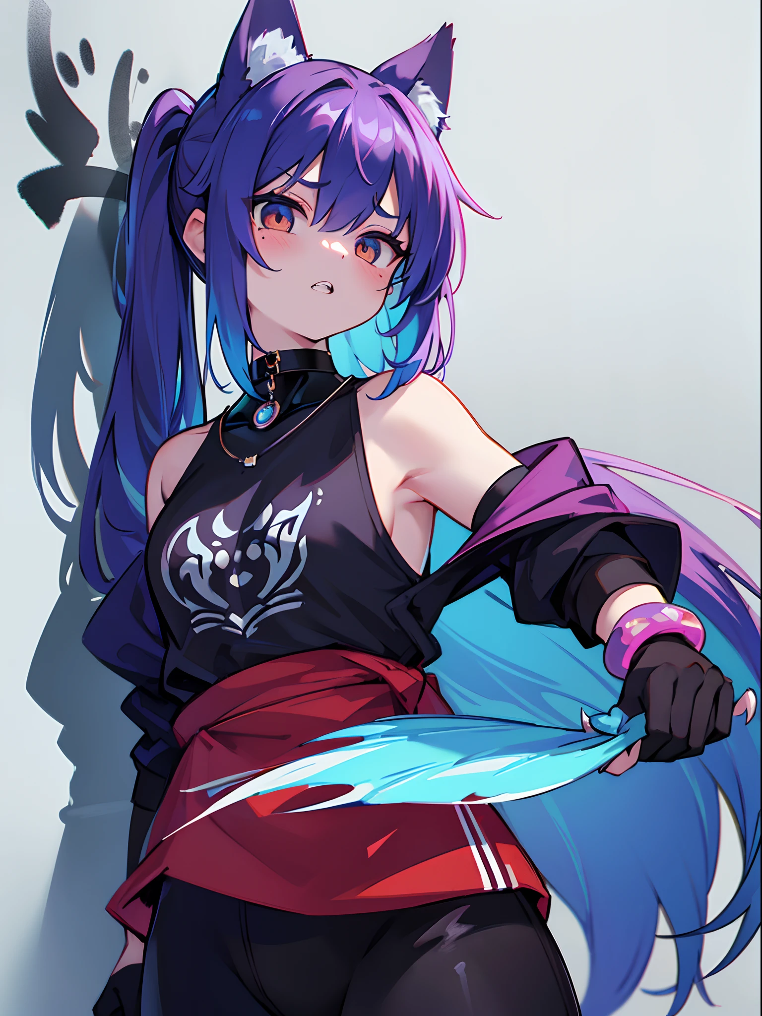 (Best Quality), masutepiece, Highly detailed CG uniform 8k illustration, High collar, Very high saturation, All colors deepened, paint, graffiti art, Center Composition, Extremely detailed light and shadow, graffiti wall, The walls are painted brightly, very detailed face and eyes, Sportswear, colored clouds、(top-quality、hight resolution、8k、masterpiece:1.2、colourfull)。Curvaceous but slender、Muchimuchi Body、Beastman、Chemo-eared、coyote、Human-wolf、Wolf skin、Shiny skin、sharp claws、Movmov、It has a mysterious look and is characterized by double teeth。A look full of madness、accessorized、mole、Eyebrows、double tooth、canine teeth、poneyTail、red blush、a choker、Fleshy lips、Physical beauty、well-muscled、Mysterious fashion、unreal、Backgrounds with depth、a necklace、Bracelets、Misanga、arm band、Light and Wall Co-star、A small wolf cub clings to his shoulder、Original face、(dark themed:1.3)、Dark Fantasy、Distant angle、portlate、