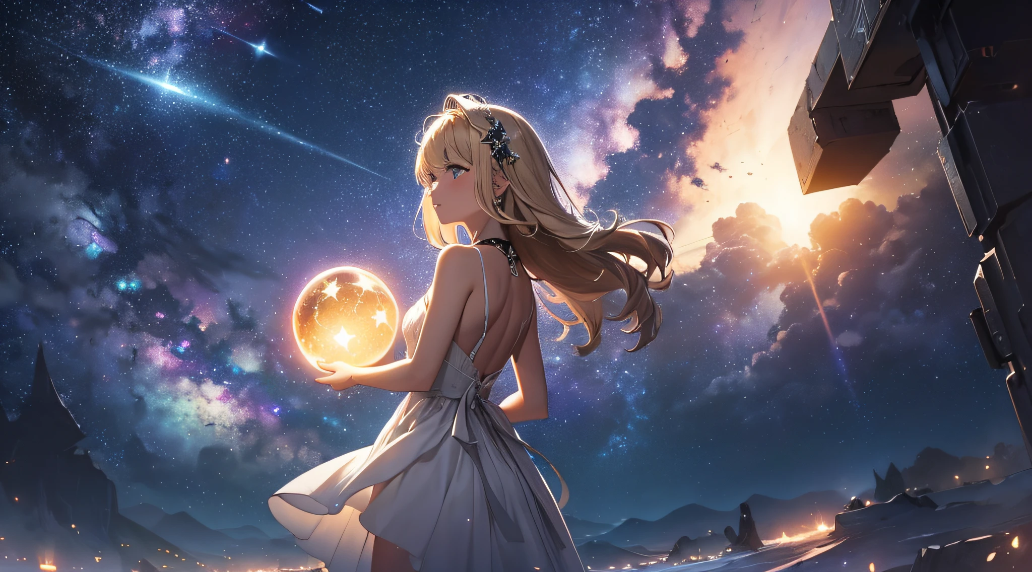 ​masterpiece、Background with((Fantastic starry sky、meteors、black hole))、Depth((Luminous Planets))、Looking up 、a beauty girl、White dress、Rear view、Blonde Long、heavy wind