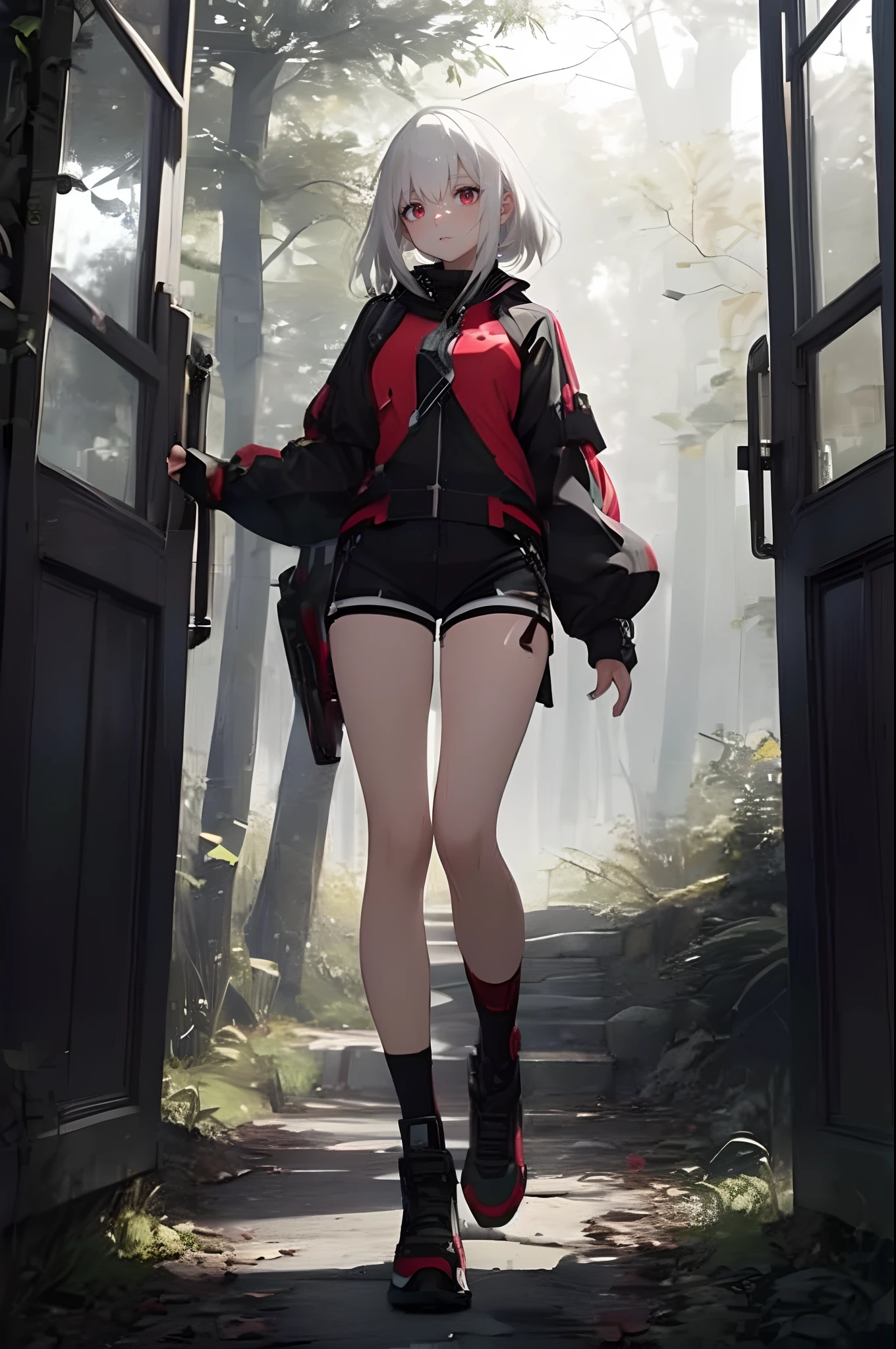 Girl, white hair, Curiou slook, curious, red and black aura, black and red Door in a forest background, medium Shorts, full body, shiny skin, black and red focus, 128K Ultra High Definition, 128K Ultra High Quality, 128K Ultra High Resolution, Best Definition, Best Quality, Best Resolution, Perfectly Detailed, Perfectly Designed, Extremely Detailed, Extremely Designed, Hyper Detailed, Hyper Definition, Hyper Quality..., r1ge