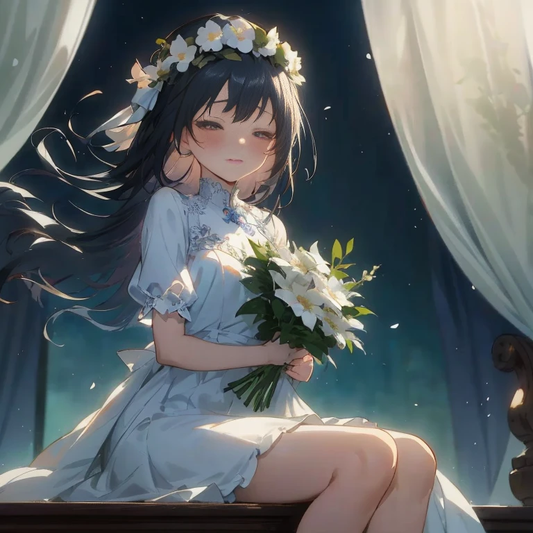 Anime girl sitting on window ledge with flowers in her hand, guweiz, guweiz on pixiv artstation, Anime visuals of cute girls, Cute anime waifu in a nice dress, guweiz on artstation pixiv, loli in dress, artwork in the style of guweiz, guweiz masterpiece, anime moe art style