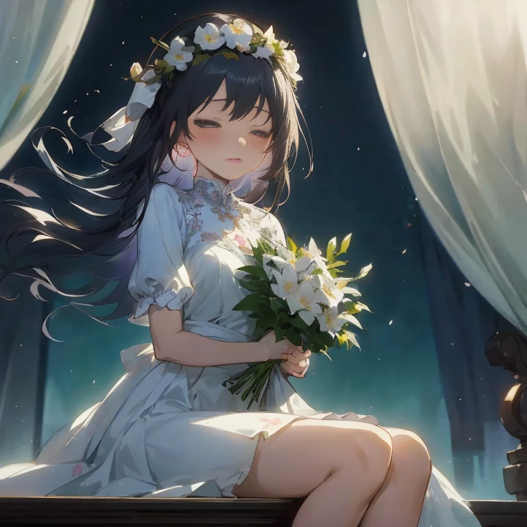 Anime girl sitting on window ledge with flowers in her hand, guweiz, guweiz on pixiv artstation, Anime visuals of cute girls, Cute anime waifu in a nice dress, guweiz on artstation pixiv, loli in dress, artwork in the style of guweiz, guweiz masterpiece, anime moe art style