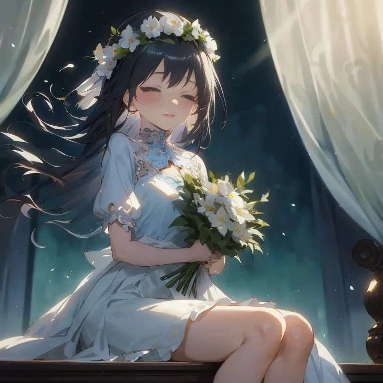 Anime girl sitting on window ledge with flowers in her hand, guweiz, guweiz on pixiv artstation, Anime visuals of cute girls, Cute anime waifu in a nice dress, guweiz on artstation pixiv, loli in dress, artwork in the style of guweiz, guweiz masterpiece, anime moe art style
