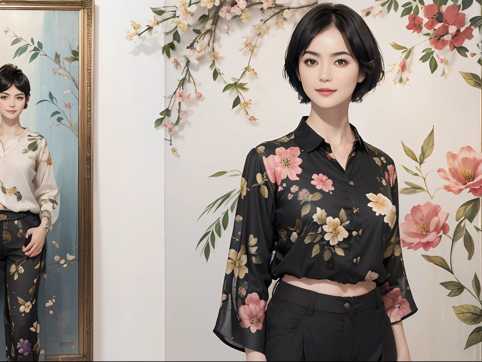 95
(a 20 yo woman,is standing), (A hyper-realistic), (masutepiece), ((short-hair:1.46)), (Smooth black hair), wear long pants, (Wearing a long-sleeved shirt with a floral print), (painterly、picture frame), (Gentle smile), (Keep your mouth shut), Fractal pattern of light