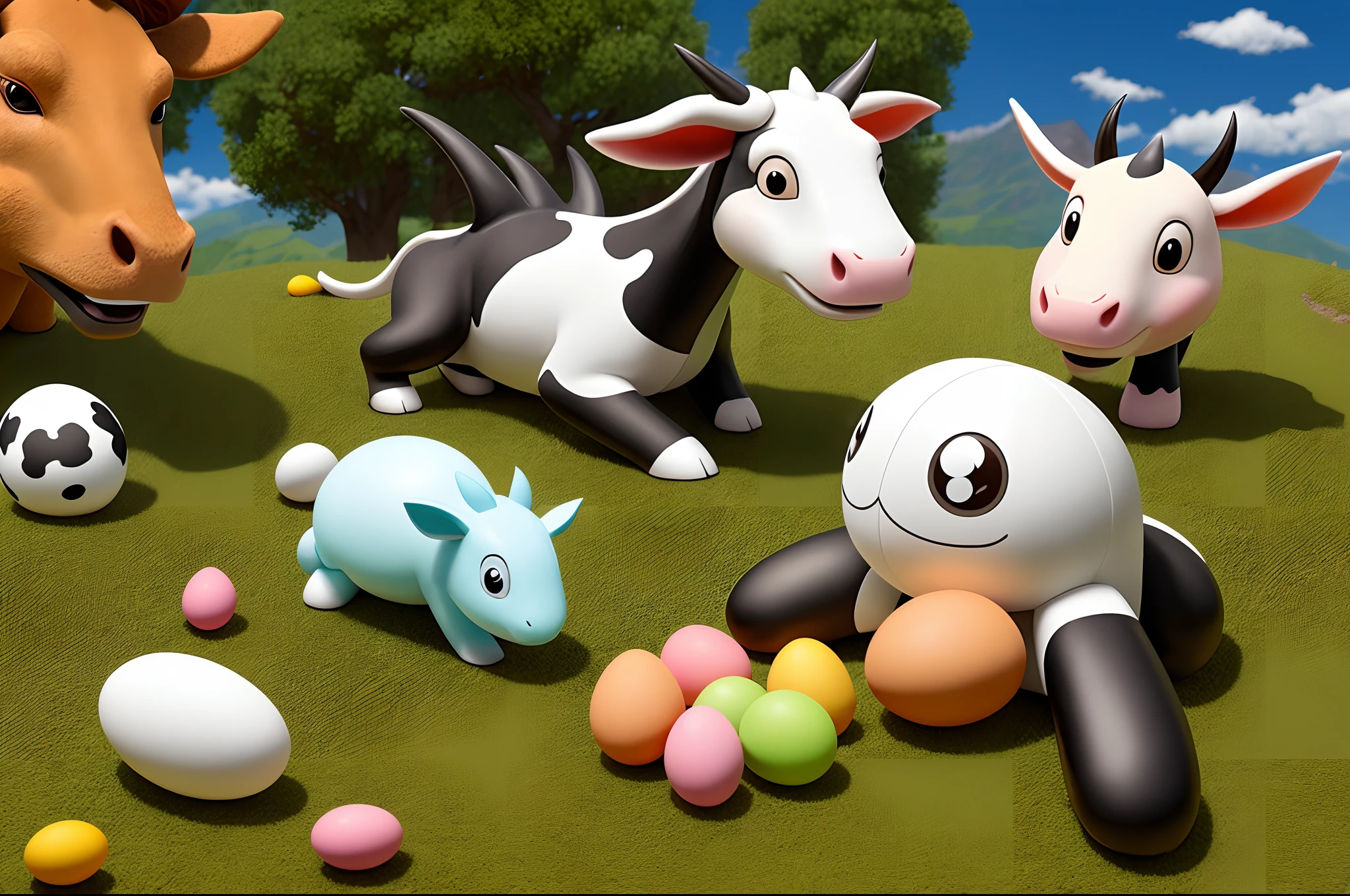 A dragon and a cow on a mountain discovering baby eggs