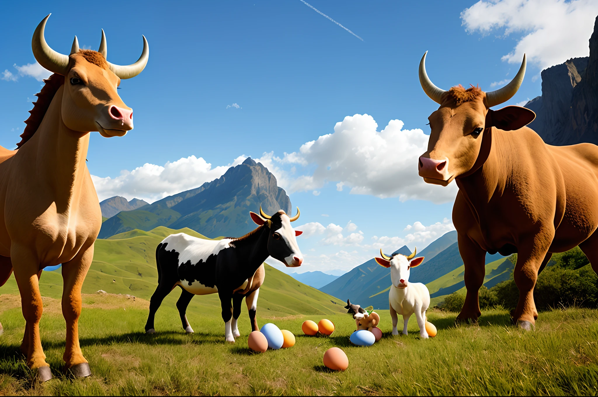 A dragon and a cow on a mountain discovering  eggs