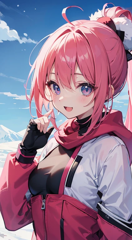 ((Ultra-detailed)), (top-quality),((masutepiece)), ((Super exciting)), ((8K)), ((extremely clear)), ((Very sophisticated)), ((Photography)), (Anime quality), (2D), japanaese girl, , Pink hair, Short ponytail, Hair Ribbon, Ahoge, drooping eyes, Blue eyes, Clear eyes, long eyelashes, Thin eyebrows, Beautiful breasts, snow board、Snow slopes、Gliding、a smile、Opening Mouth、a ski、Skin that has risen、Pink Ski Wear、knit hat、Sky background、