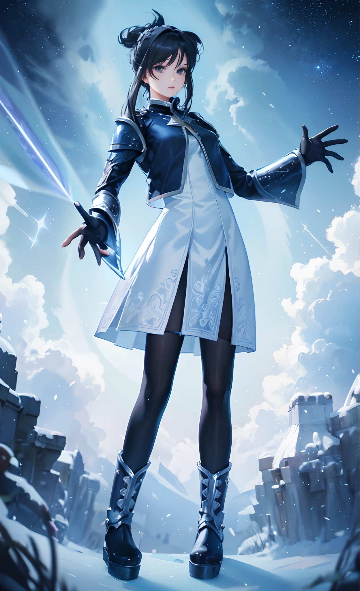 Beautiful paladin girl,Holding a shield,Extremely beautiful,High Balance, Natural light, Lace,black in color,starrysky,Star decoration (Masterpiece, Highest quality),unreal-engine,Standing painting, angle of view,Tulle skirt,ssee-through,Over-the-knee black stockings