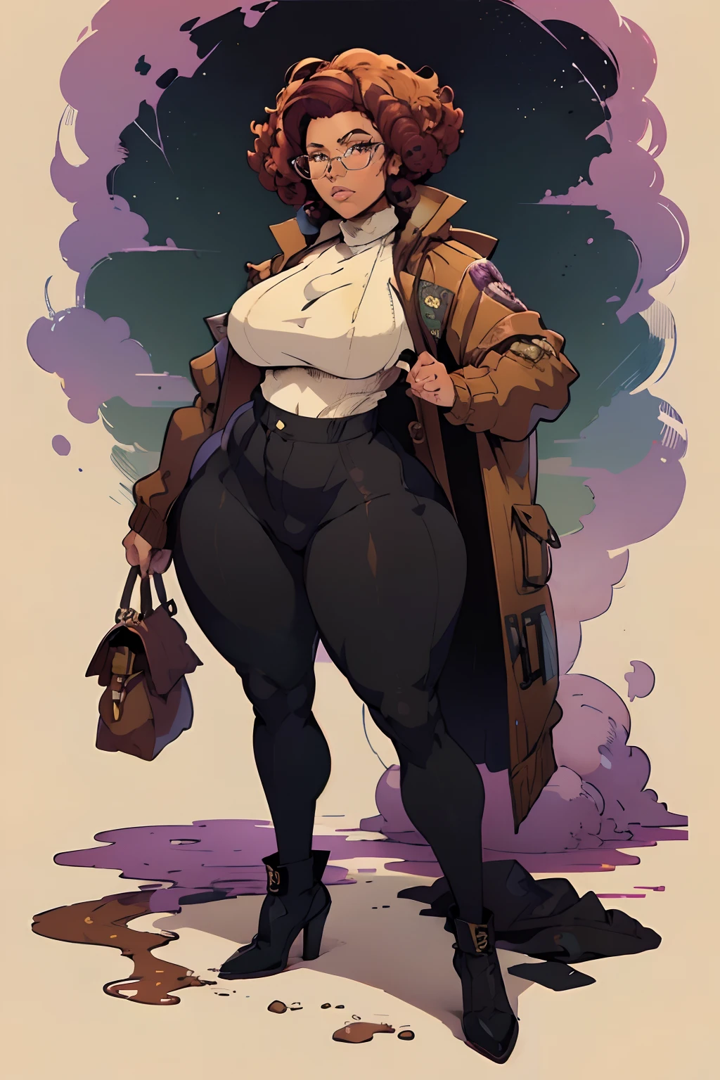 Solo, female, black turtleneck tunic, sci-fi outfit, fantasy village, short plum colored hair, curly hair, messy hair, ((afro curls hairstyle)), ((dark tan skin)), glasses, cropped chocolate jacket, chubby, slightmuscle, slightly muscular, baggy pants, plum colored cloak