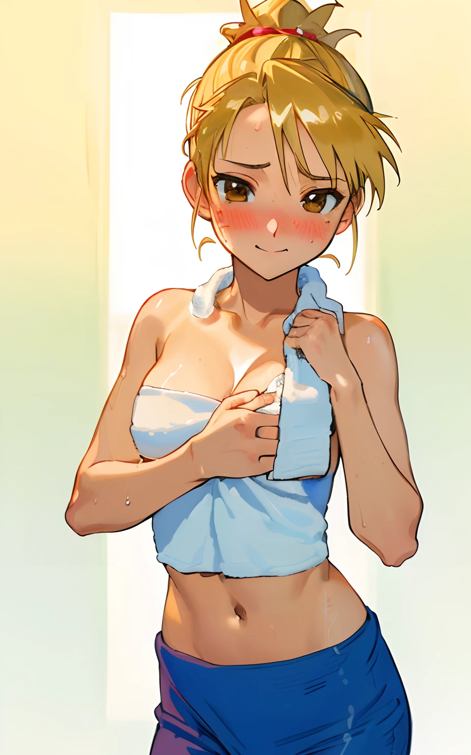 unparalleled masterpiece, 8k uhd, perfect artwork, mature woman, riza, blonde hair, brown eyes, hair up, photo, anime, (masterpiece)、(top-quality)、(extremely tiny towel in the crotch:1.3), (extremely tiny towel on the chest:1.4), (hide the chest with your hands:1.3), Thin fabric, (blushed face:1.3)、(spilling boobs:1.2)、under boob、 side boob、 Almost naked、 a beauty girl、 Embarrassed look、 smile、 very cute、 Clear eyes、 Shining eyes、 big boobs、 Tummy is visible、 cleavage of the breast、 lower abdomen、 The skin、 ultra-definition、 Golden hair