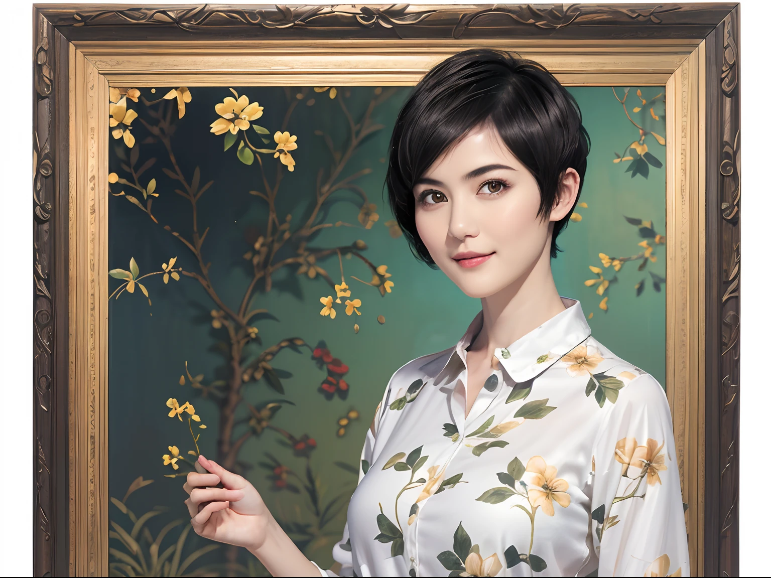 95
(a 20 yo woman,is standing), (A hyper-realistic), (masutepiece), ((short-hair:1.46)), (Smooth black hair), wear long pants, (Wearing a long-sleeved shirt with a floral print), (painterly、picture frame), (Gentle smile), (Keep your mouth shut), Fractal pattern of light